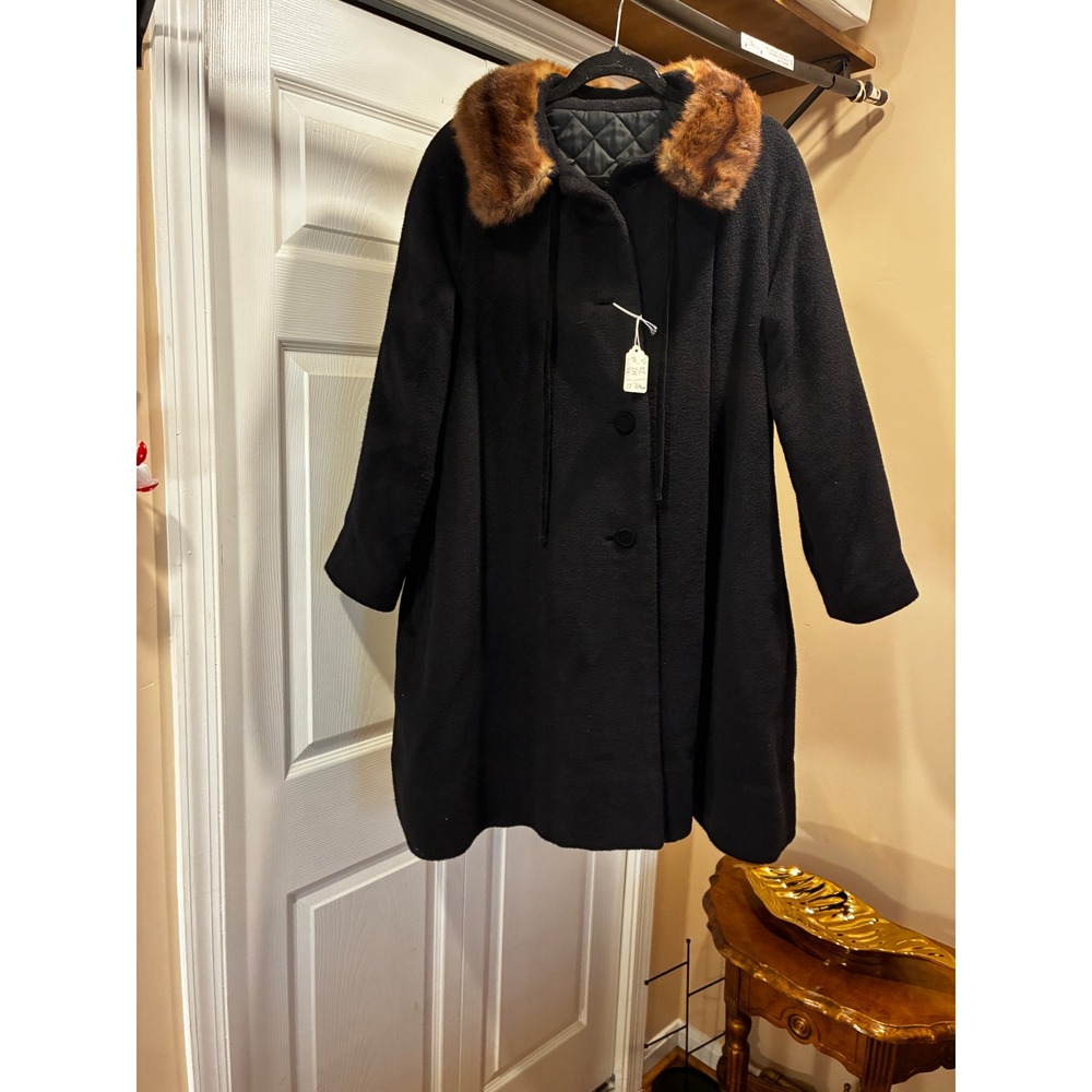 Vintage Faux Fur Collar Wool Blend Overcoat Dark Academia Swing Coat Black